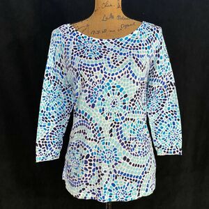 Talbots Sweater SMALL 100% Cotton White Navy Cobalt Blue Dot Ribbed 3/4 Sl Scoop